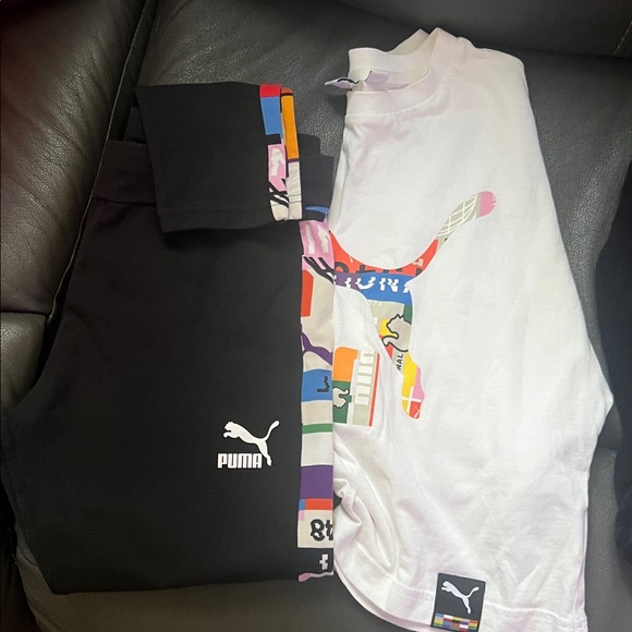 Puma Multicolor Graphic tank Tee and Black leggings Set - Picture 1 of 3